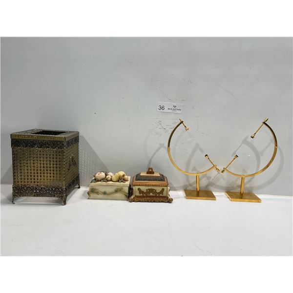 Collection of Decor Items: Tissue Box Holder, with 2 small boxes w/ Slope Ornament display stands