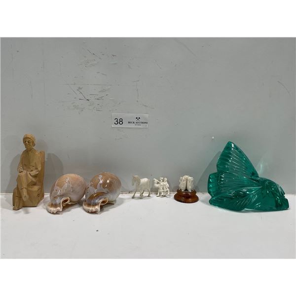 Collection of Animal Figurines, Sea shells, Wooden Carving, with Blown Glass Ornament