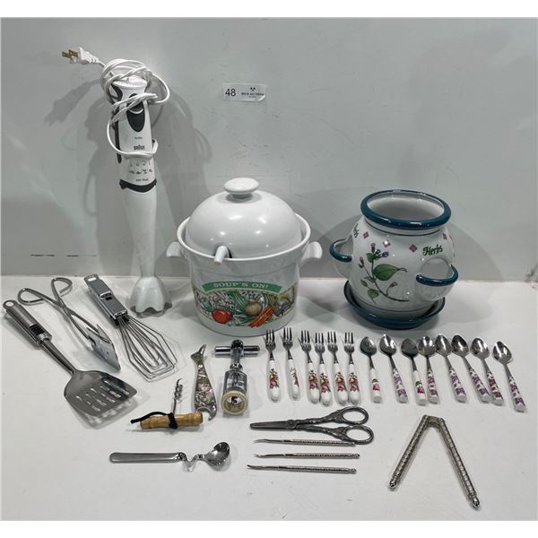 Collection Of Kitchenware Items, With a Soup Bowl, Hand Mixer, Utensils