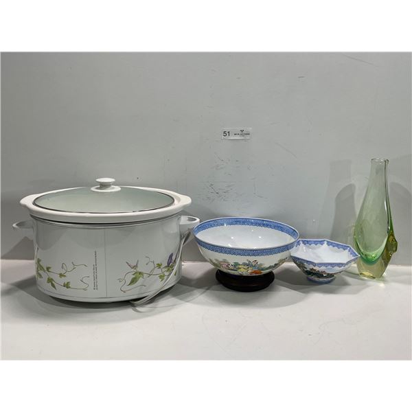 Hamilton Beach Slow Cooker, Asian Them,ed Dishware, And Green Blown Glass Vase