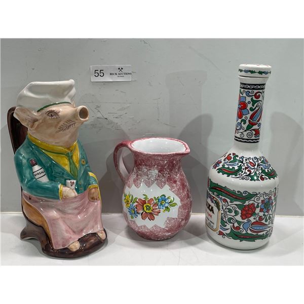 Collection of Decor, Pig Figurine made in Portugal, Pitcher, and Bottle