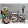 Image 1 : Collection of Decor, Pig Figurine made in Portugal, Pitcher, and Bottle