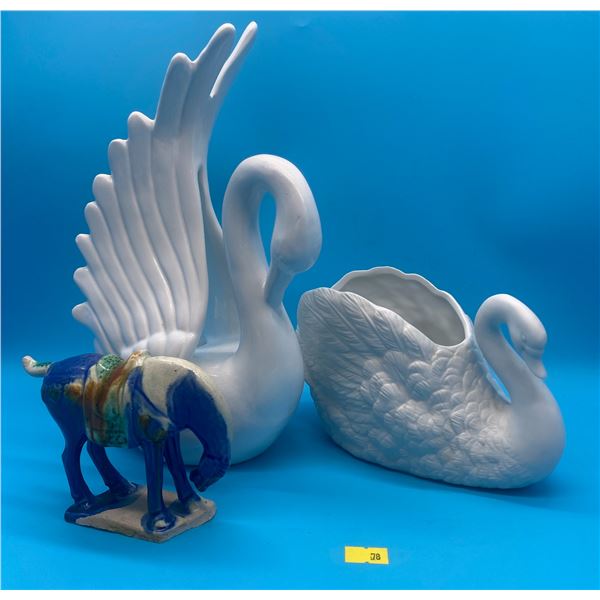 Ceramic Swan Planters, And Ceramic Elephant Collectible