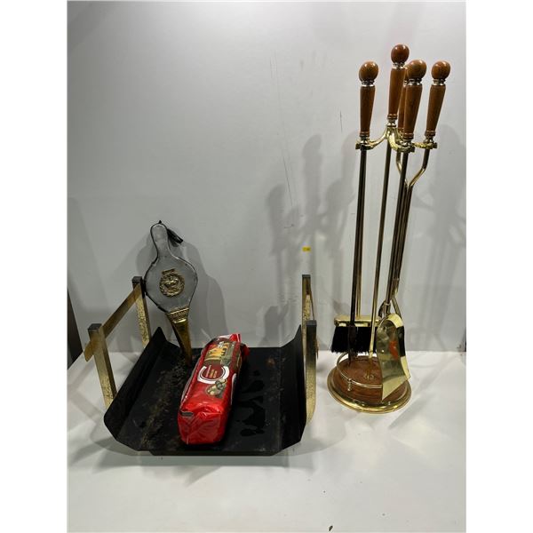 Brass Fireplace Accessories, Log Holder, Blower, Stand with Poker, Brush, Shovel, Log Adjuster