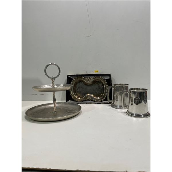 Collection of Silver and Pewter Items, Silver Tray comes with Original Box, 2 Teir Tray, and Stiens