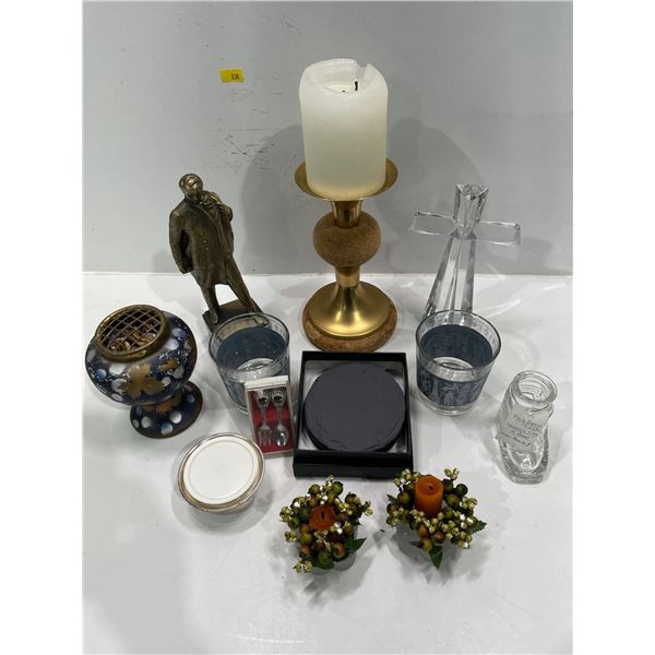 Assortment of Inside Home Decor, Slate Coasters, Candler holder's, Glass Cross & More