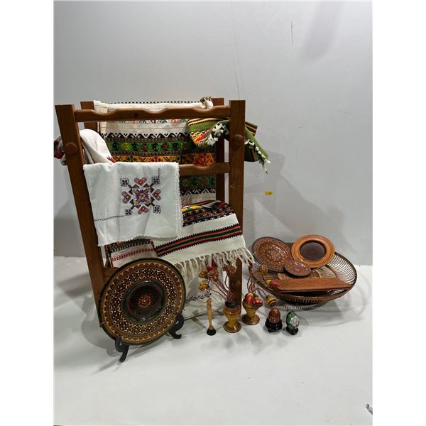 Assorted Collection of Folk Art, Table Runner, Place Mats, Random Fabric, Plates, Wine Rack & More