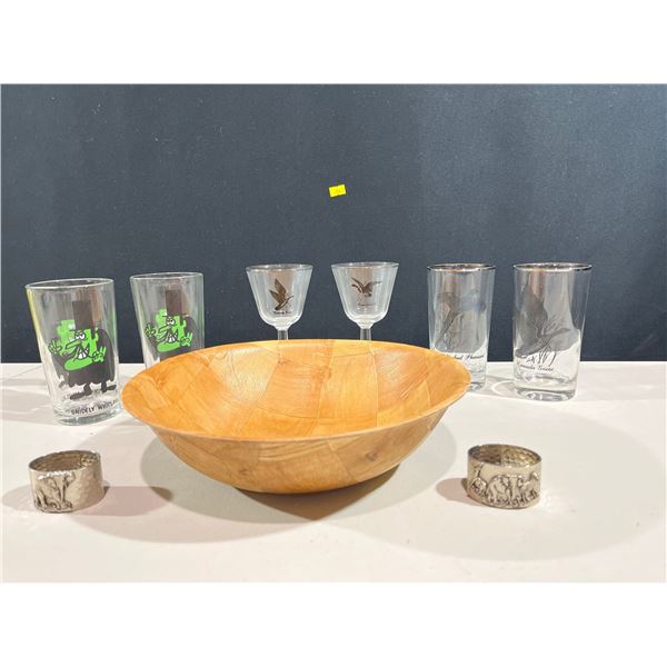 Glassware, wood salad bowl and stainless steel napkin rings