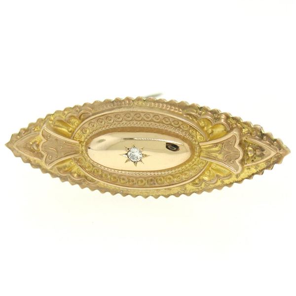 Antique Victorian 9k Yellow Gold.10 ctw Diamond Marquise Shaped Etched Brooch Pi