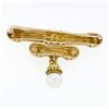 Image 6 : Vintage 18K Gold Diamond Matte Finish Dual Column Bar Brooch & Pearl Bead Dangle