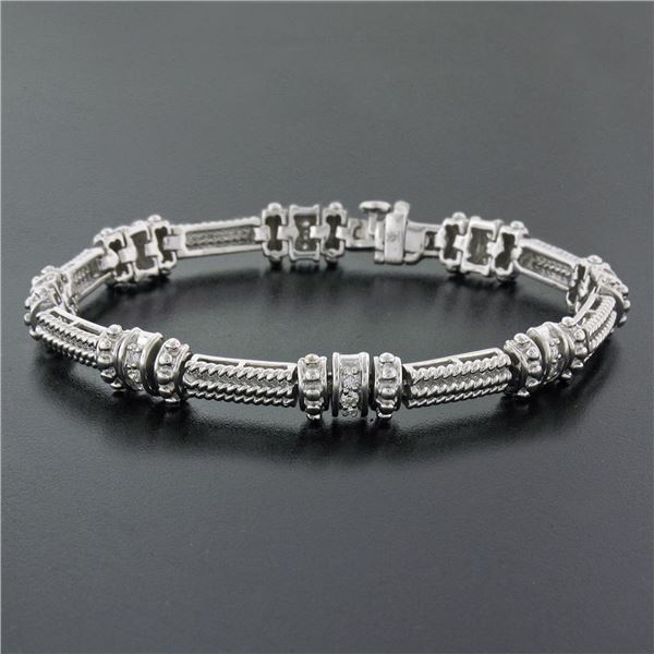 Fancy 14K White Gold 0.72 ctw Diamond Section & Triple Twisted Wire Link Bracele