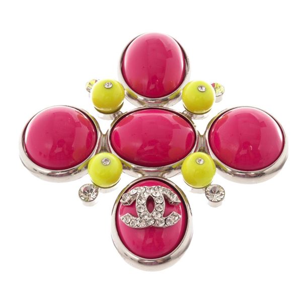 Chanel Pink Yellow Cross CC Brooch