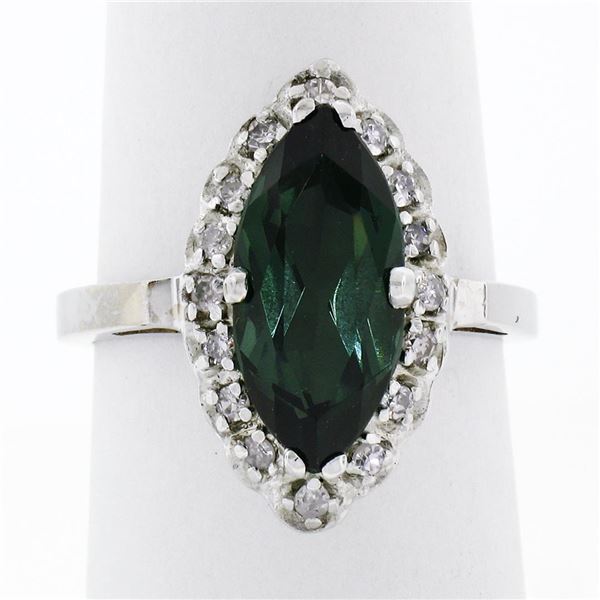 Vintage 14K White Gold 2.72 ctw Marquise Cut Green Tourmaline & Diamond Halo Rin