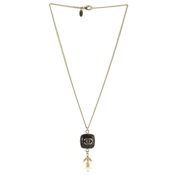 Chanel Gold-tone Metal with Enamel and Faux Pearl Drop CC Pendant Necklace