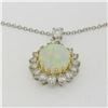 Image 7 : Solid Platinum 18K Yellow Gold 3.69 ctw Oval Opal & Diamond Halo Pendant Necklac
