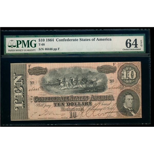 1864 $10 T-68 Confederate PMG 64EPQ