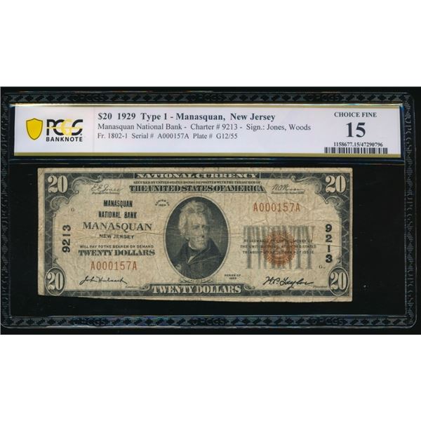 1929 $20 Manasquan NJ National PCGS 15