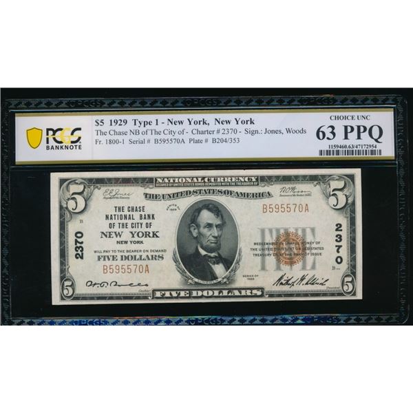 1929 $5 New York NY National PCGS 63PPQ
