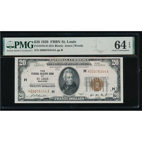 1929 $20 St Louis FRBN PMG 64EPQ