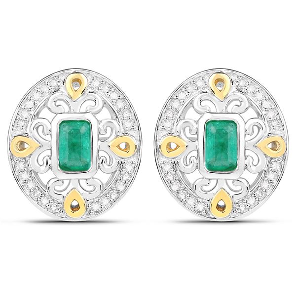 Rhodium Plated 0.69ctw Emerald and Diamond Earrings