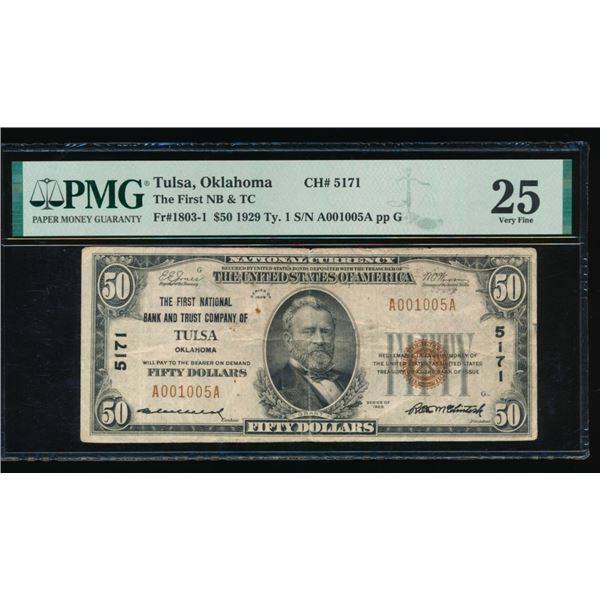 1929 $50 Tulsa OK National PMG 25