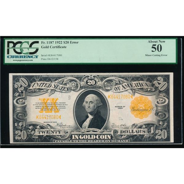 1922 $20 Gold Certificate PCGS 50