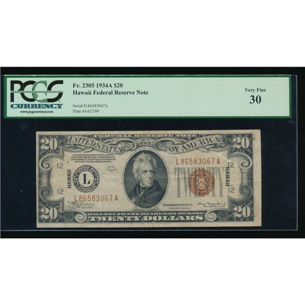 1934A $20 Hawaii FRN PCGS 30