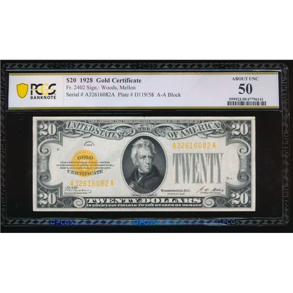 1928 $20 Gold Certificate PCGS 50