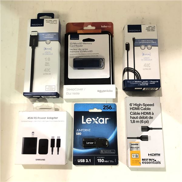 Group of misc electronics including - 45W PD power adapter, 6' HDMI cable, SD memory card, jumpdrive