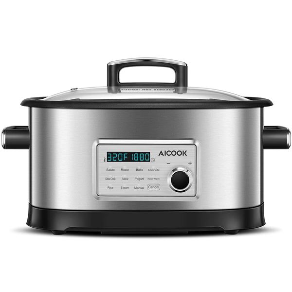 AICOOK 6.5qt Slow Cooker, 1500W, 10-in-1 Programmable Cooker, Electric Cooker with Digital Timer, Ad