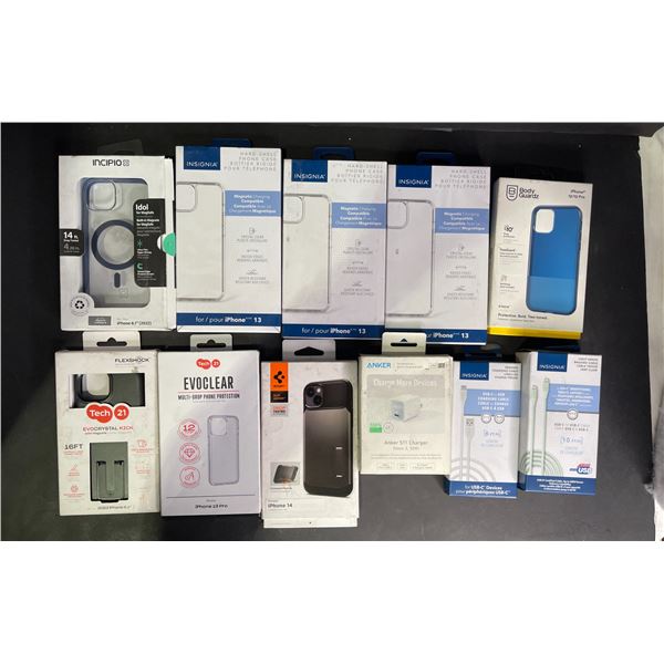 Group of NEW various iPhone cases, USB-C to USB, USB-C cable, Anker USB-C charger block, etc...