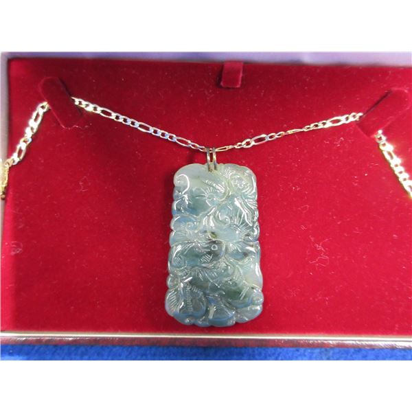 Jade Necklace on 10 Karat Gold 20" Chain - Carved on Both Sides