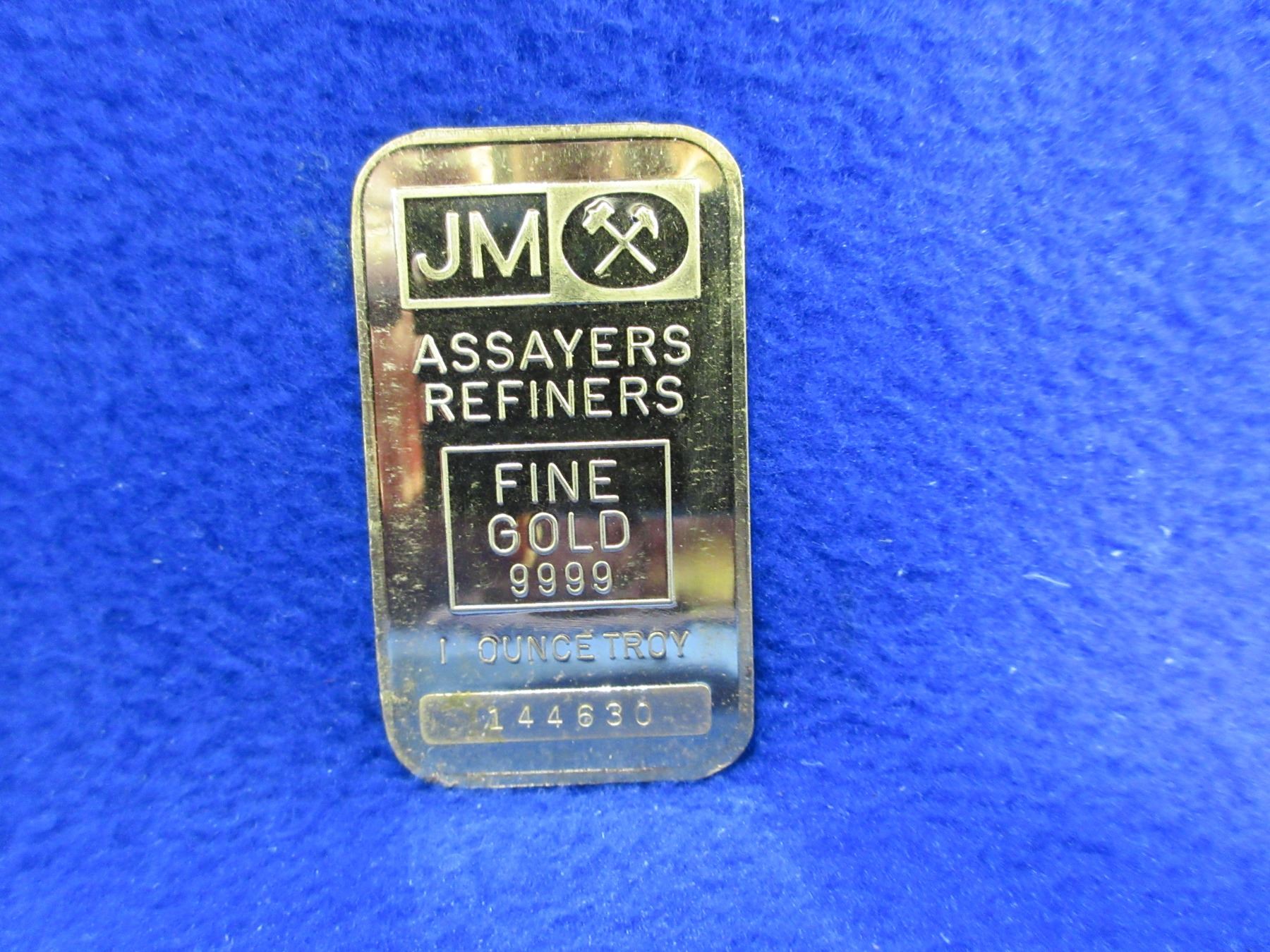 JM Assayers Refiners Fine Gold 9999 1 Troy Ounce Bar Ser # 144630