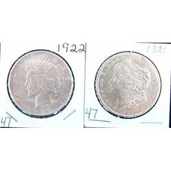 1921 MORGAN AND 1922 PEACE SILVER DOLLARS