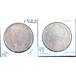 1921 MORGAN AND 1922 PEACE SILVER DOLLARS