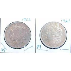 1921 MORGAN AND 1922 PEACE SILVER DOLLARS