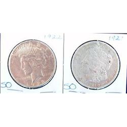 1921 MORGAN AND 1922 PEACE SILVER DOLLARS