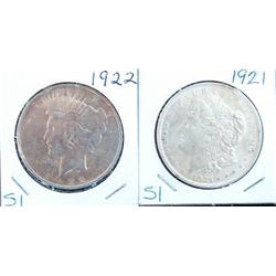 1921 MORGAN AND 1922 PEACE SILVER DOLLARS