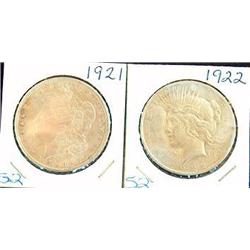 1921 MORGAN AND 1922 PEACE SILVER DOLLARS