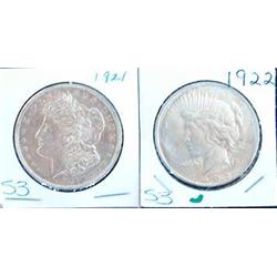 1921 MORGAN AND 1922 PEACE SILVER DOLLARS