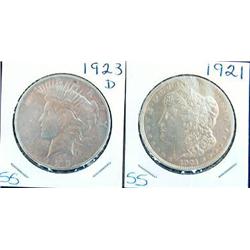1921 MORGAN AND 1923 D PEACE DOLLARS