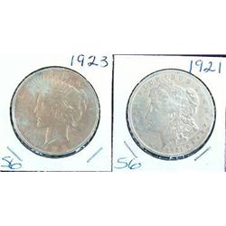 1921 MORGAN AND 1923 PEACE SILVER DOLLARS