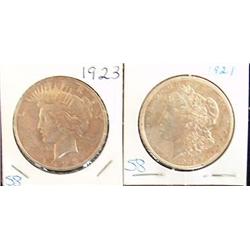 1921 MORGAN AND 1923 PEACE SILVER  DOLLARS