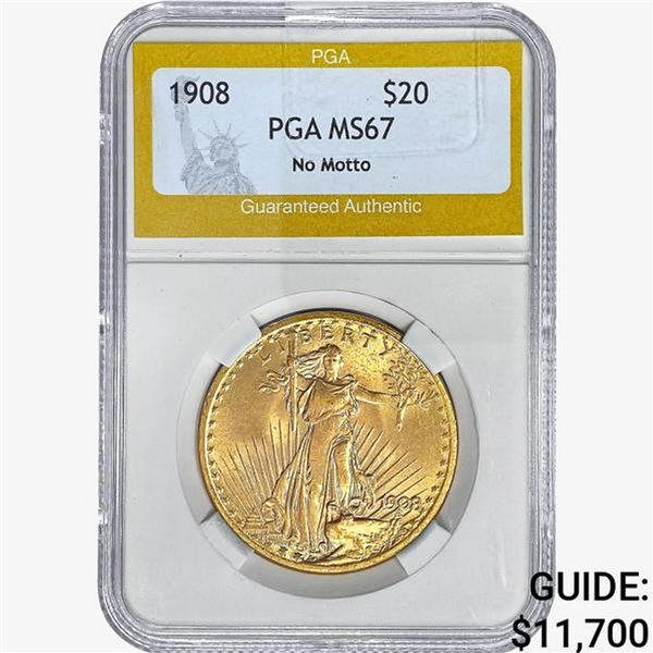1908 $20 Gold Double Eagle PGA MS67 No Motto