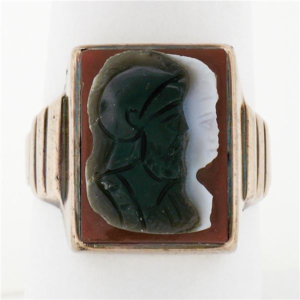 Men's Antique Victorian 10k Gold Carved Trojan Agate on Carnelian Cocktail Ring