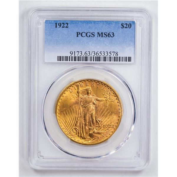 1922 $20 Double Eagle Gold Coin PCGS MS63