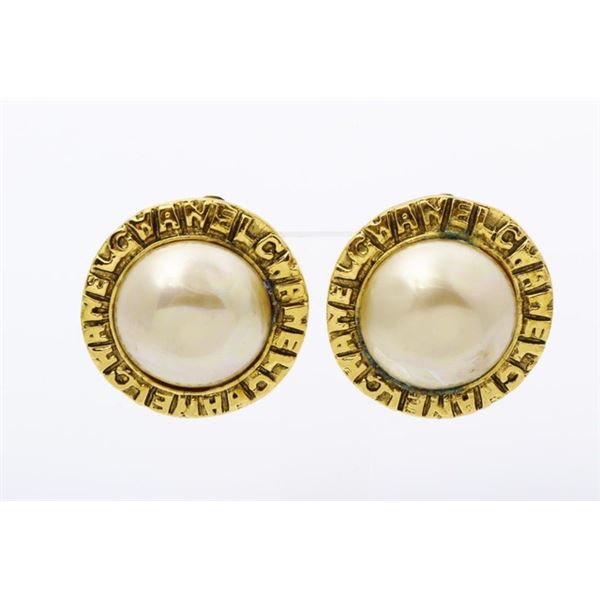 Chanel Gold-tone Metal Round Faux Pearl Logo Clip-on Earrings