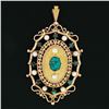 Image 2 : Vintage 18k Gold Oval Turquoise & Round Pearl Open Work Brooch Pin or Pendant