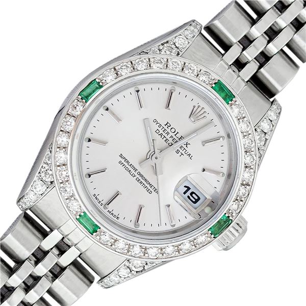 Rolex Ladies Quickset Silver Index Diamond Lugs & Emerald Datejust Wristwatch