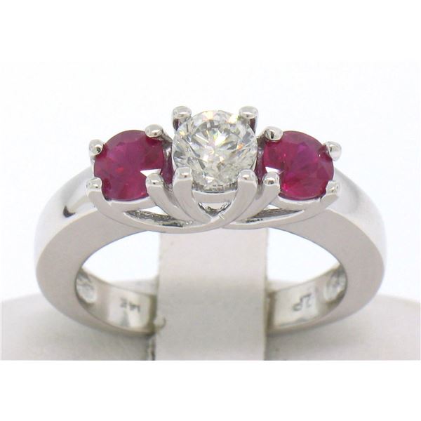 14k White Gold 3 Stone Engagement Ring w/ Ctr Round Diamond & 2 Blood Red Rubies